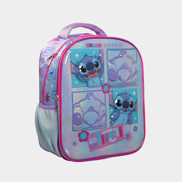 Mochila Stitch infantil holográfica con bolsillo lateral y diseño brillante