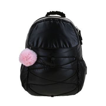 Mochila escolar negra con pompón rosa