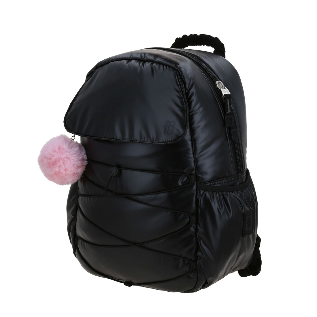 Mochila escolar negra con pompón rosa