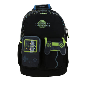 Mochila grande para primaria con diseño gamer y bolsillos frontales