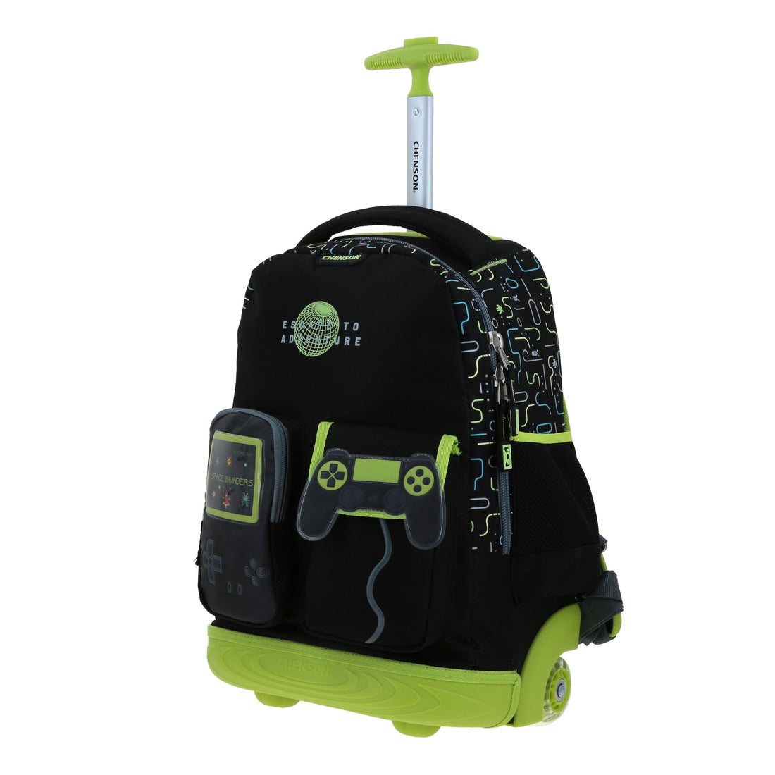 Mochila grande con ruedas para primaria con diseño gamer y bolsillos frontales