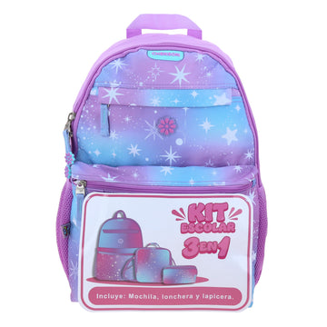 Kit escolar con mochila, lonchera y lapicera en tonos lila primaria - secundaria