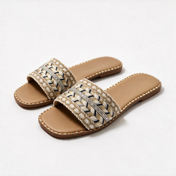 Sandalia plana beige Piedibei con pala tejida multicolor
