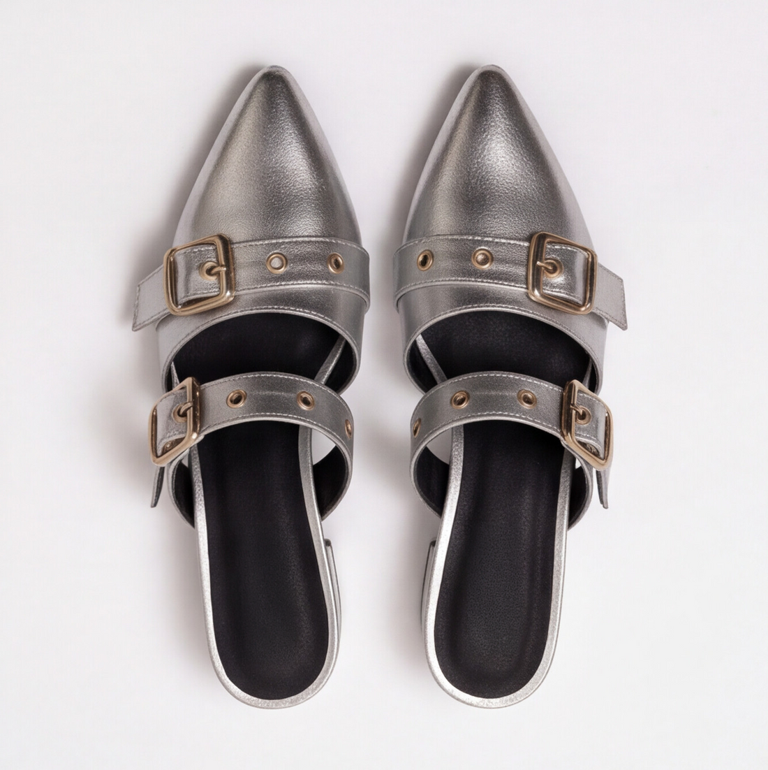 Mule plata Piedibei con doble hebilla y tacón bajo