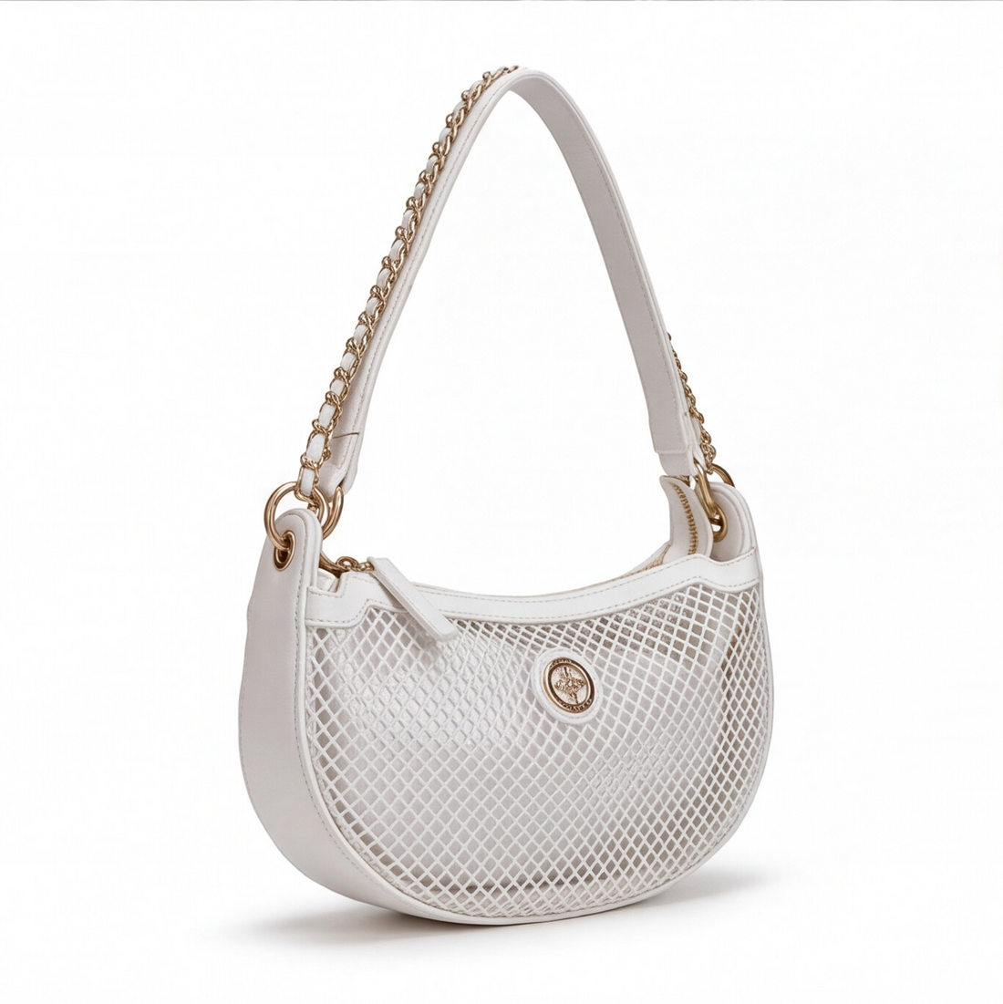 Bolsa Pret blanca con malla y cadena dorada