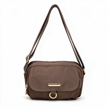 Bolsa Pret café crossbody mini con solapa y aro metálico