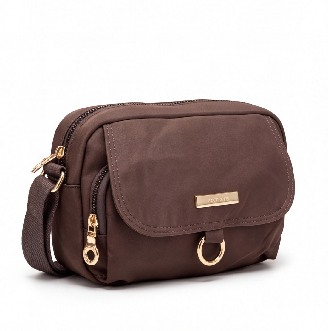 Bolsa Pret café crossbody mini con solapa y aro metálico