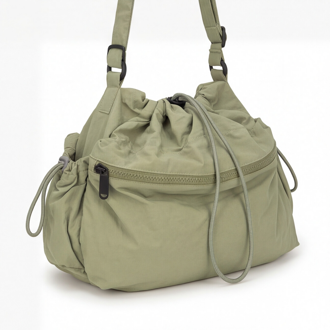 Bolsa shoulder con jareta ajustable color olivo