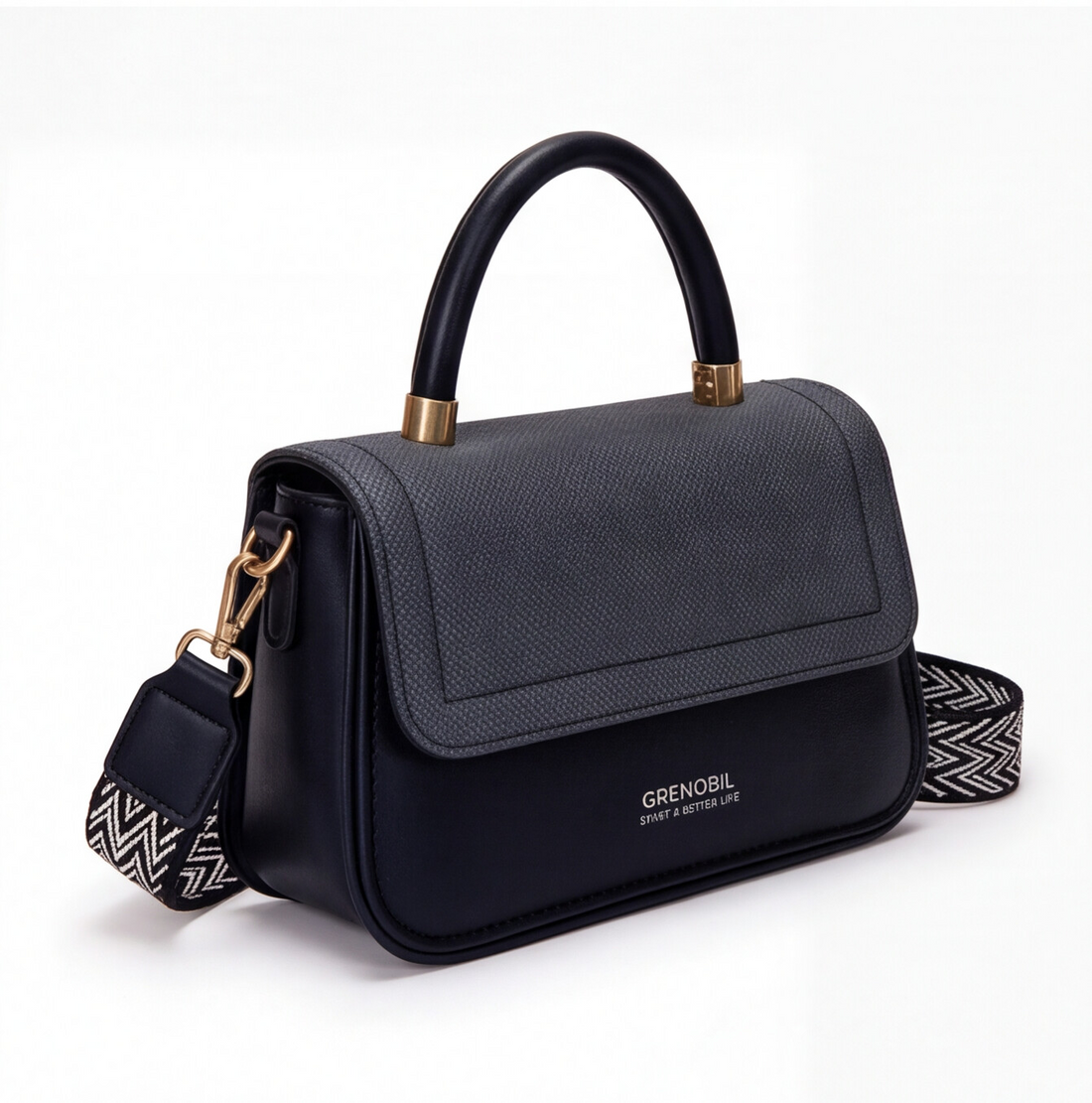 Minibag Pret negra con asa rígida y correa estampada