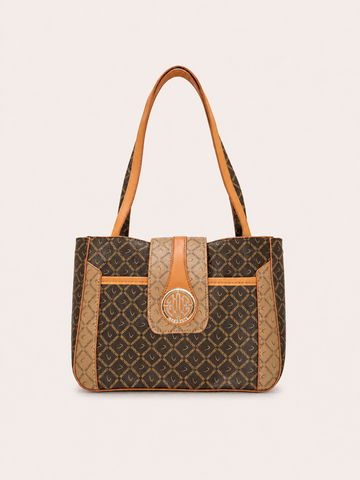 Bolsa tote estampada con broche y triple compartimento color café
