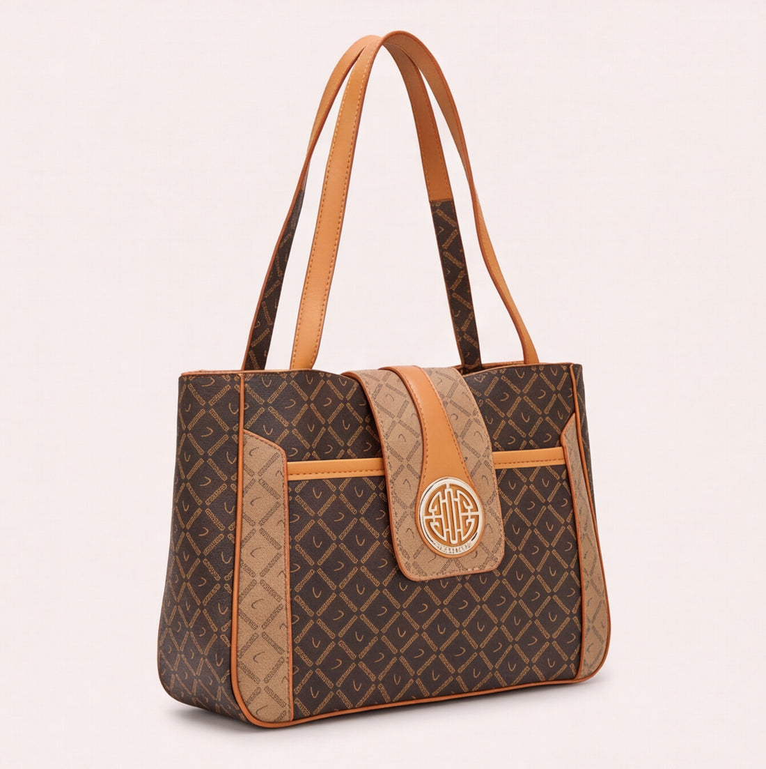 Bolsa tote estampada con broche y triple compartimento color café
