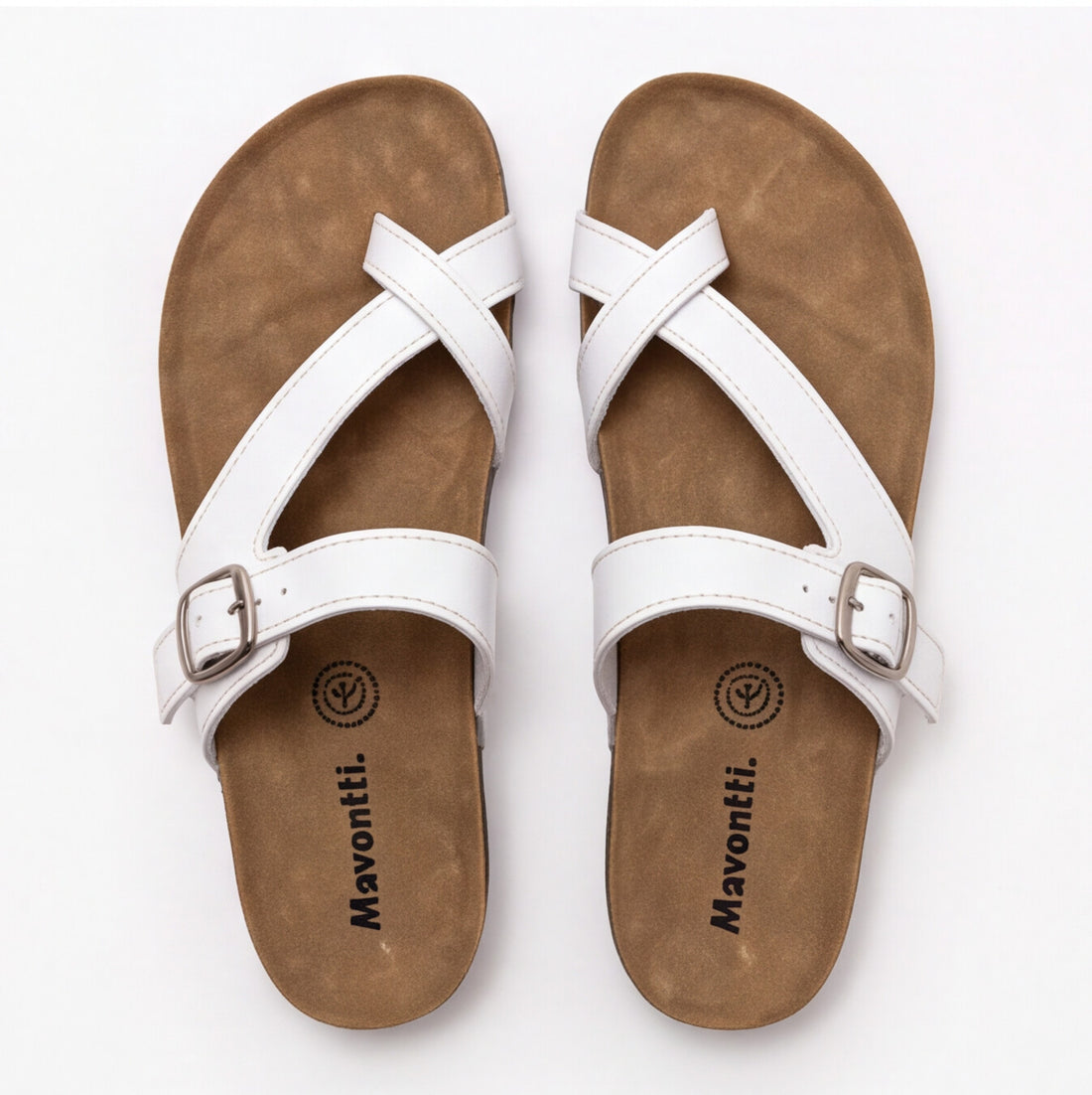 Sandalia blanca tipo toe loop con tiras cruzadas y hebilla lateral