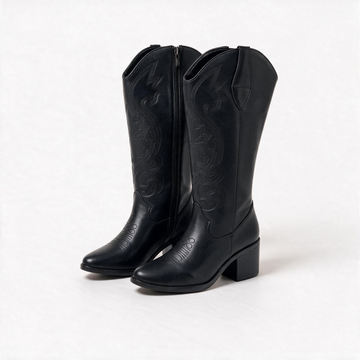 Bota western negra de caña alta con bordado y tacón bloque