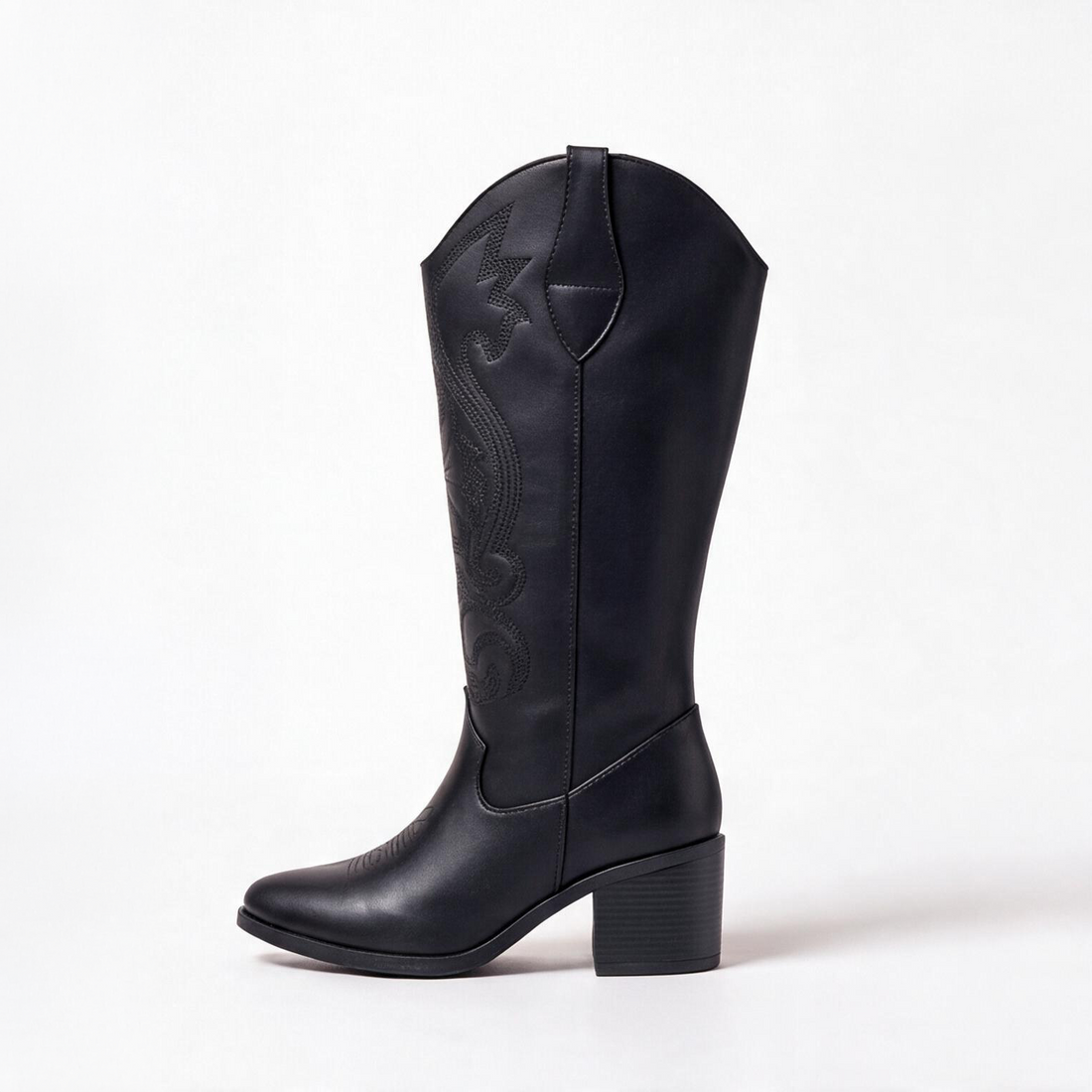 Bota western negra de caña alta con bordado y tacón bloque