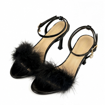 Sandalias de Tacón Safina Negro con Plumas Decorativas para Mujer