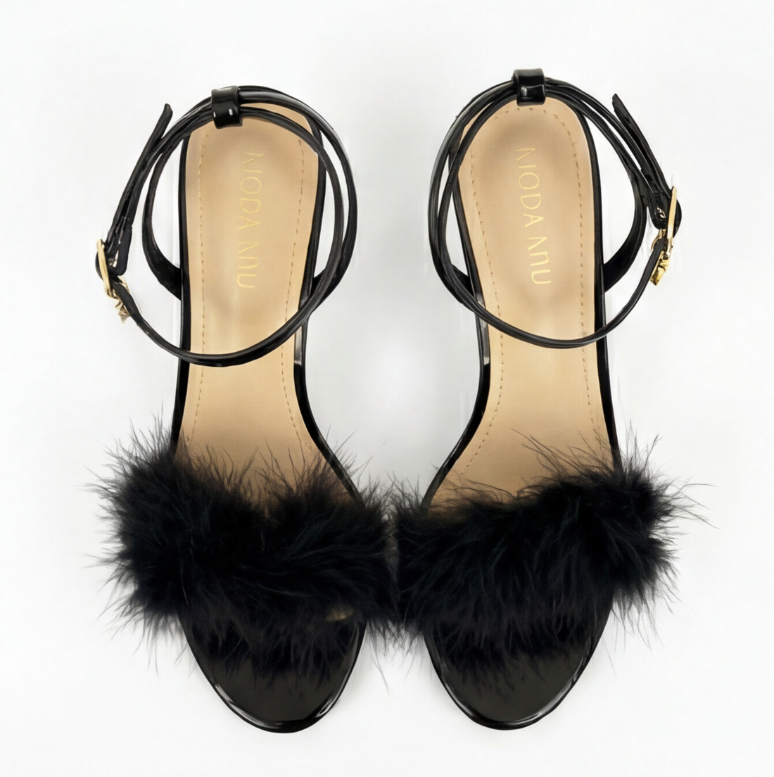 Sandalias de Tacón Safina Negro con Plumas Decorativas para Mujer